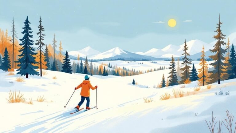Illustrated spring scene: bright sunshine on snowy landscape, person in lighter clothing skiing, blue sky, melting edges