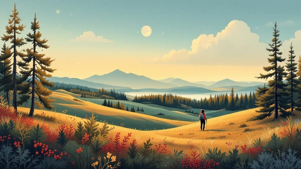 Illustrated late summer: green-gold-red colors on fell landscape, person hiking with berries, warm sunset tones