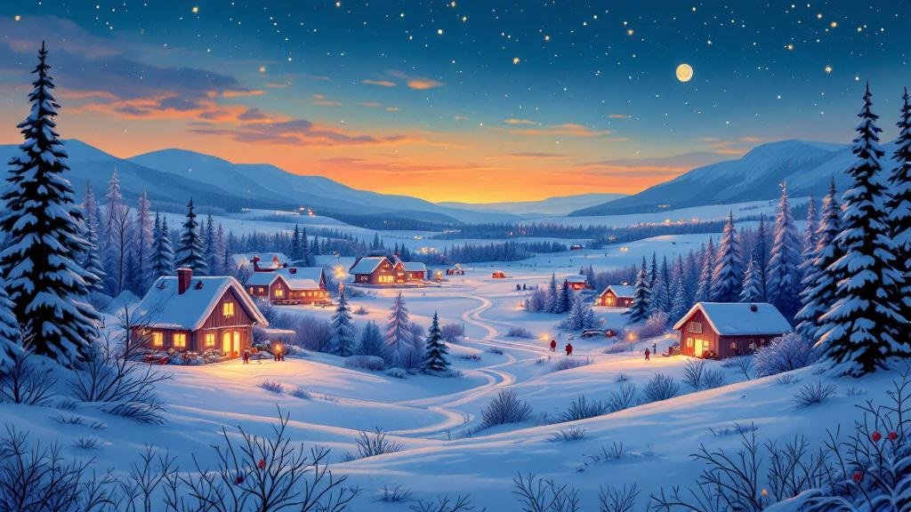 Illustrated December magic: blue kaamos twilight, lit village, snow-covered trees, Santa's workshop glow in distance