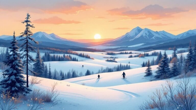 Illustrated winter scene with low golden sun returning over snowy fells, skiers in distance emerging from blue