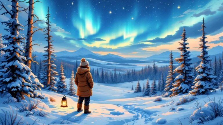 Illustrated cozy scene: person in warm gear watching aurora over snowy forest, blue hour light, lantern glow
