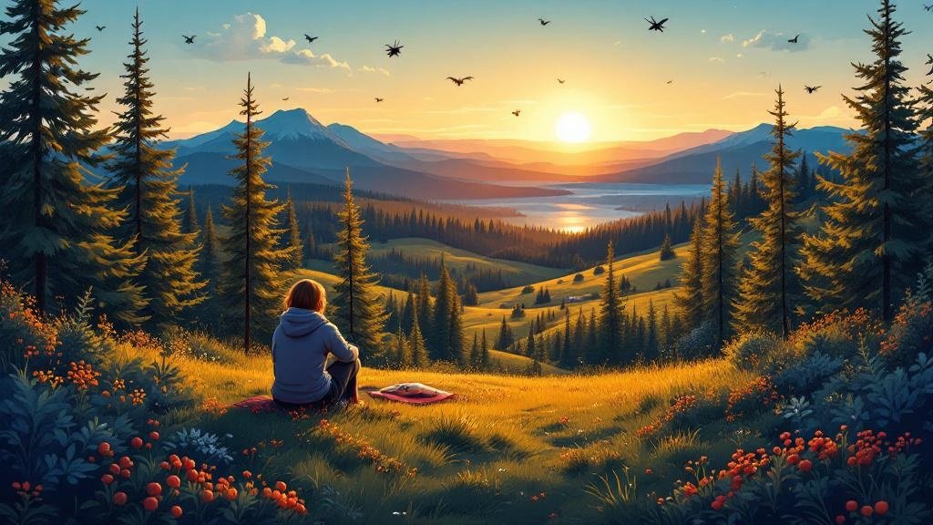 Illustrated warm summer scene: midnight sun fading, person picking berries, lush green landscape, some humorous mosquito elements