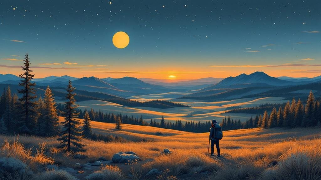 Illustrated midnight sun scene: golden light at 11pm, hiker on fell with vast views, no darkness, warm golden palette