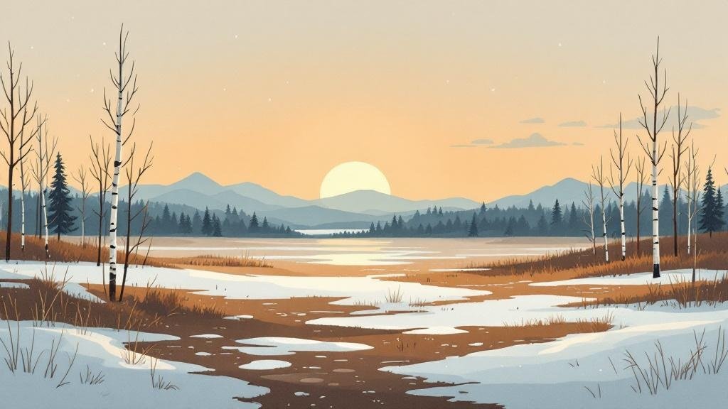 Illustrated muddy spring: snow patches melting into brown ground, birch trees budding, grey sky