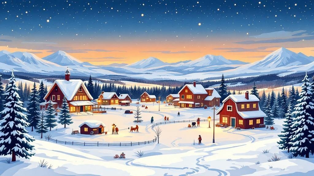Illustrated first real snow: village lights glowing in early darkness, fresh snow covering everything