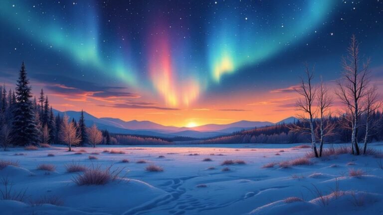 Illustrated dark October evening: bare birch trees, first frost, vivid aurora overhead, moody but beautiful palette