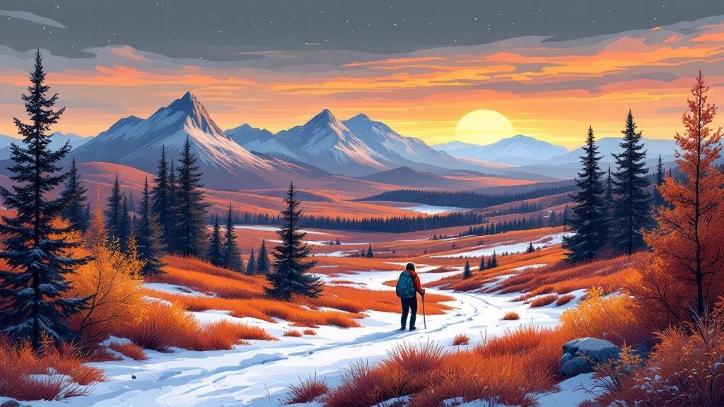 Illustrated ruska landscape: blazing red-orange-yellow fell colors, aurora starting in darkening sky, hiker on trail, stunning color palette