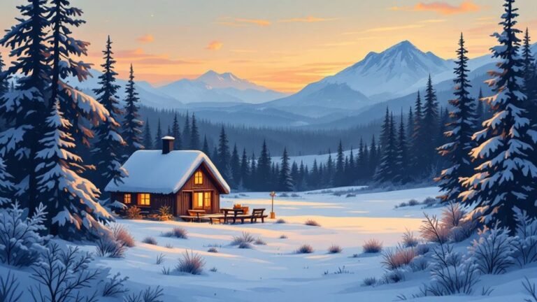 Illustrated budget travel: clever traveler with a plan, comparing prices on phone, cabin in background