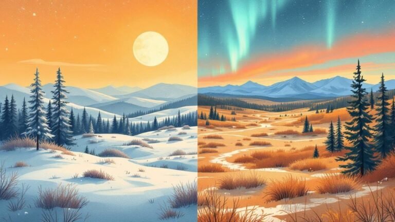 Illustrated split: April sunshine on snow vs October aurora over bare fells showing both seasons' charm