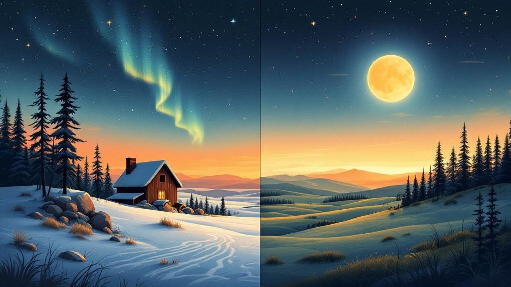 Illustrated dramatic split: left winter aurora and snow, right summer midnight sun and green fells, same landscape two seasons