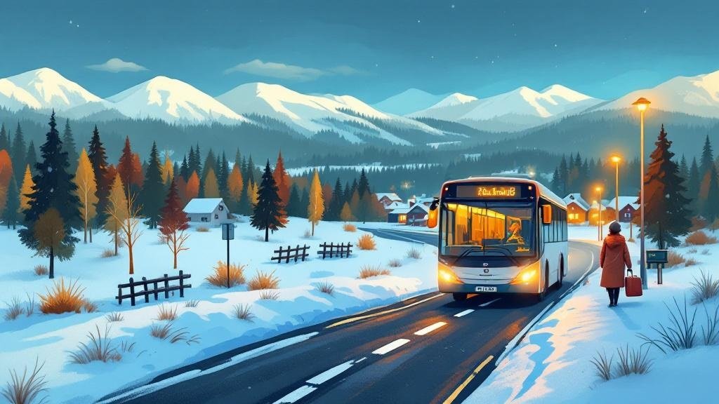 Illustrated bus stop in snowy village: person waiting with suitcase, bus approaching, practical but not bleak
