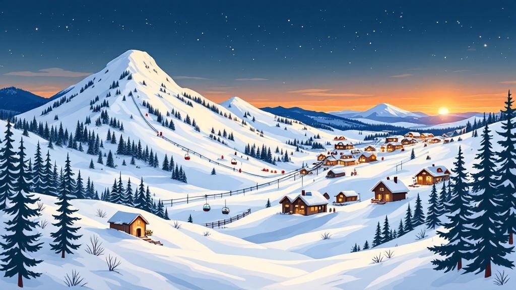 Illustrated ski resort village: fell with lit slopes, cozy cabins, gondola, lively atmosphere