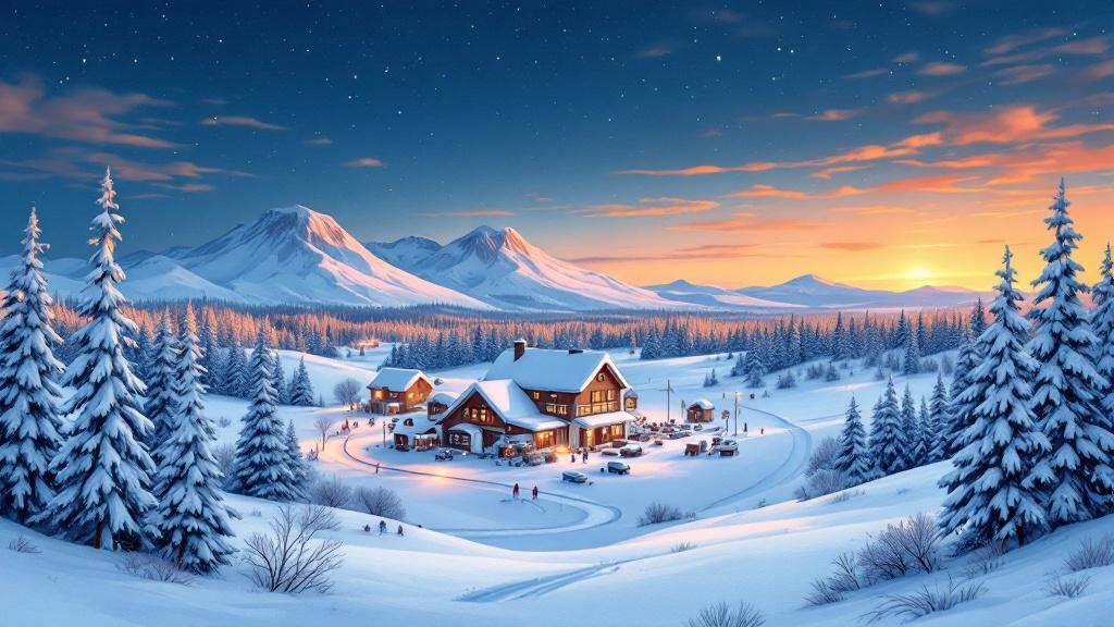 Illustrated charming fell village: small ski resort, amethyst crystals, snow-covered national park