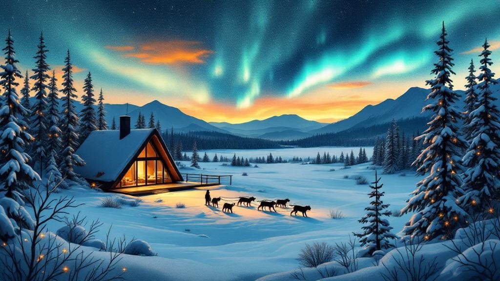 Illustrated luxury: Arctic TreeHouse suite view, private husky team, champagne under aurora, refined Arctic elegance