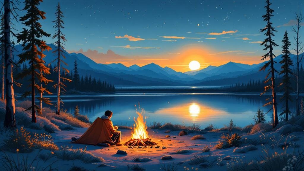 Illustrated 11pm scene: bright golden sun low on horizon, lake reflection, person by campfire in full daylight