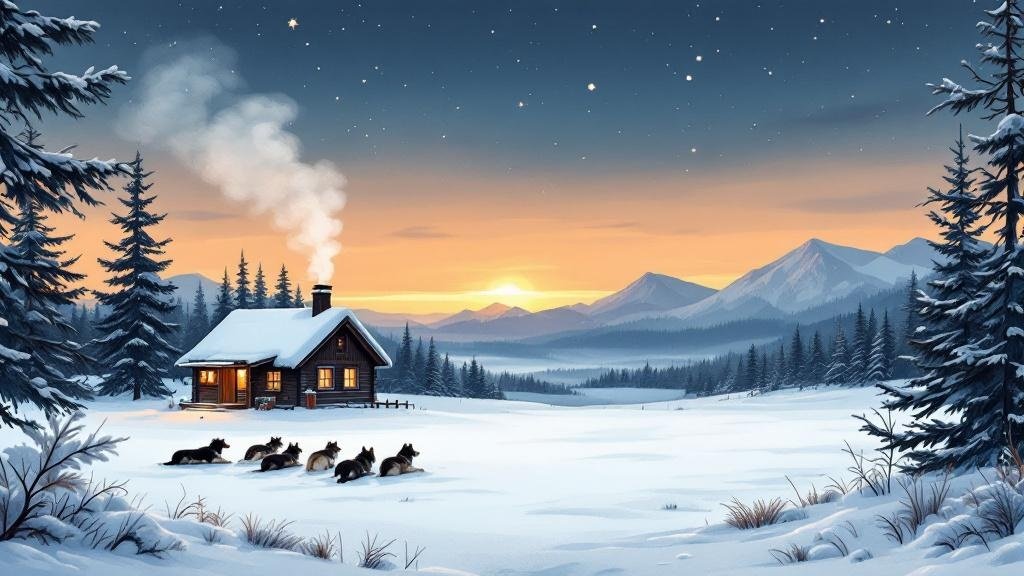 Illustrated peaceful winter: isolated cabin, husky team resting, vast silent snowy landscape, smoke from chimney