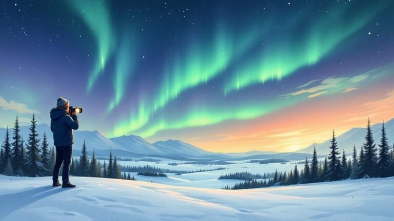 Illustrated aurora borealis: vivid green/purple curtains over snowy landscape, person pointing camera at sky with magical atmosphere
