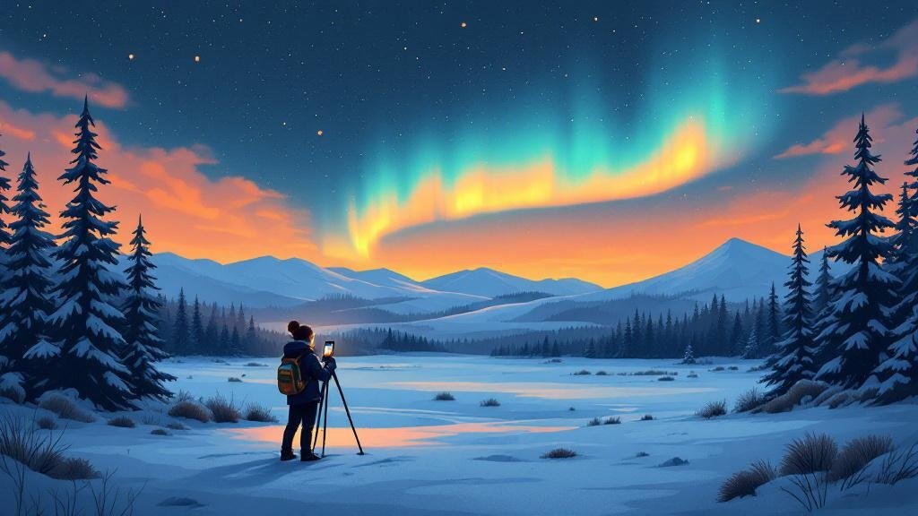 Illustrated photography scene: person with tripod under aurora, phone showing aurora photo, camera settings overlay