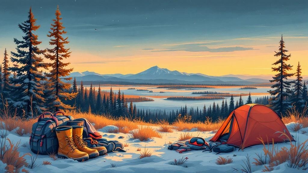 Illustrated summer packing: hiking boots, rain jacket, mosquito net (humorously prominent), sleep mask, practical summer gear