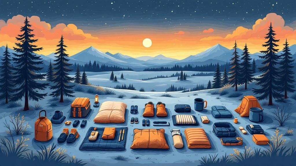 Illustrated packing layout: layering system diagram, essential items laid out, warm practical style, informative fashion