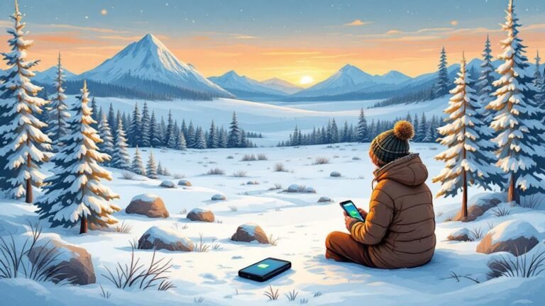Illustrated phone survival: phone showing low battery in cold, person tucking it into warm jacket, power bank, humorous cold tech