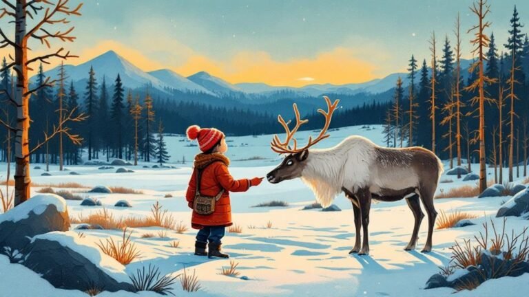 Illustrated reindeer encounter: person feeding gentle reindeer, Sámi herder in background, snowy forest