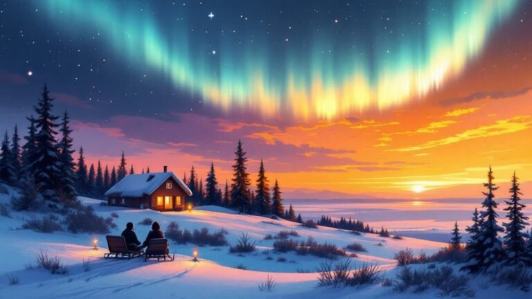 Illustrated romantic journey: couple silhouette watching aurora, private cabin with candlelight, two-person sleigh, intimate warmth