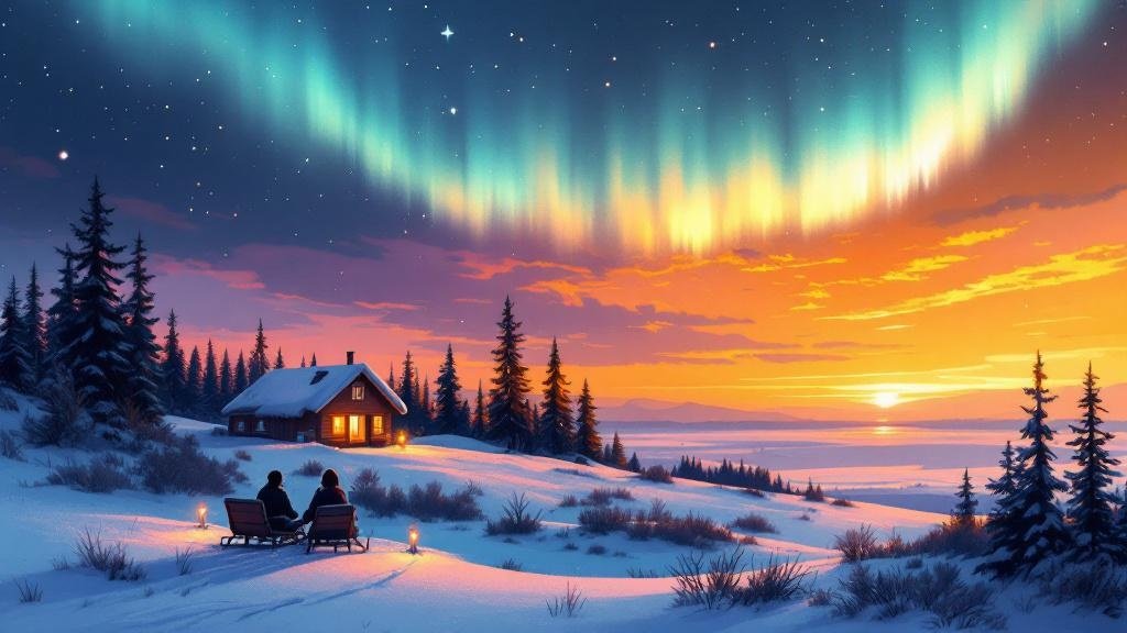 Illustrated romantic journey: couple silhouette watching aurora, private cabin with candlelight, two-person sleigh, intimate warmth
