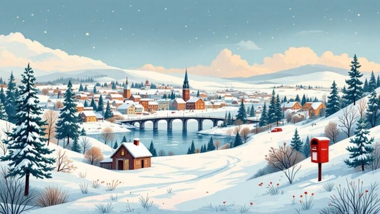 Illustrated Rovaniemi: Arctic Circle line, Santa's postbox, city skyline with Jätkänkynttilä bridge, northern feel but urban