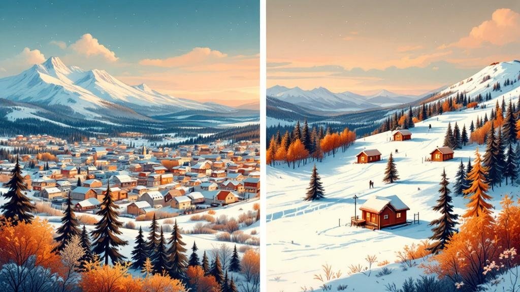 Illustrated split comparison: left Rovaniemi cityscape with Arctic Circle line, right Levi ski slopes with cabins, VS in middle