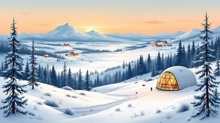 Illustrated wilderness gateway: small village at edge of vast snowy national park, fell landscape stretching to horizon, glass igloo in corner