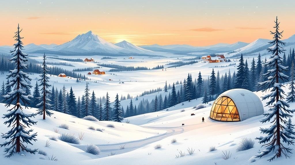 Illustrated wilderness gateway: small village at edge of vast snowy national park, fell landscape stretching to horizon, glass igloo in corner