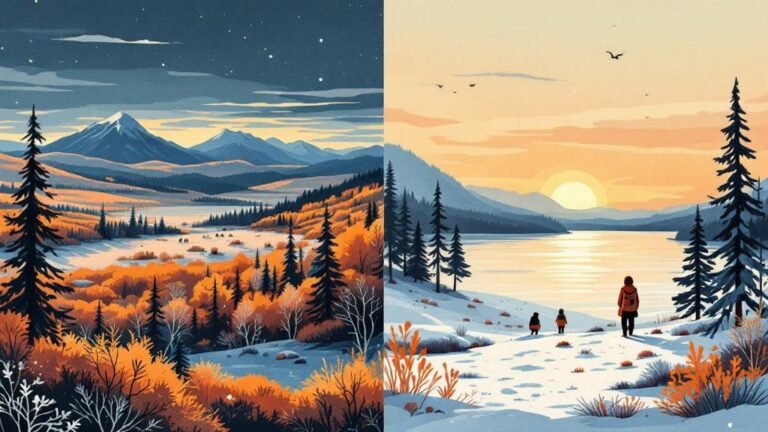 Illustrated split: left Saariselkä outdoor activity scene, right Inari lake and Sámi culture, both beautiful in different ways