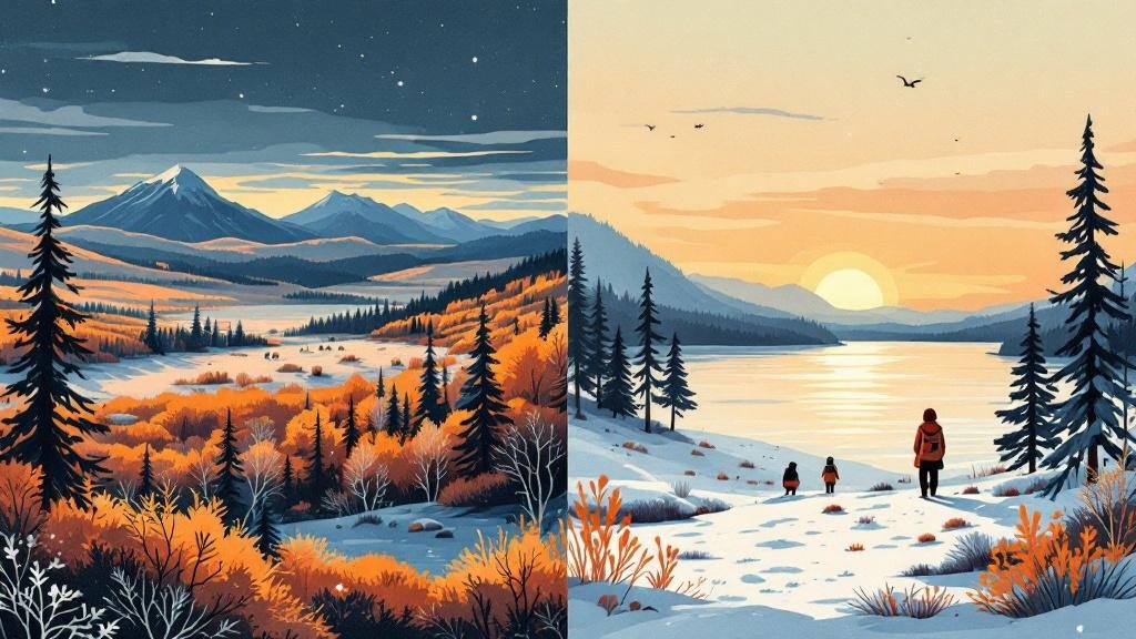 Illustrated split: left Saariselkä outdoor activity scene, right Inari lake and Sámi culture, both beautiful in different ways