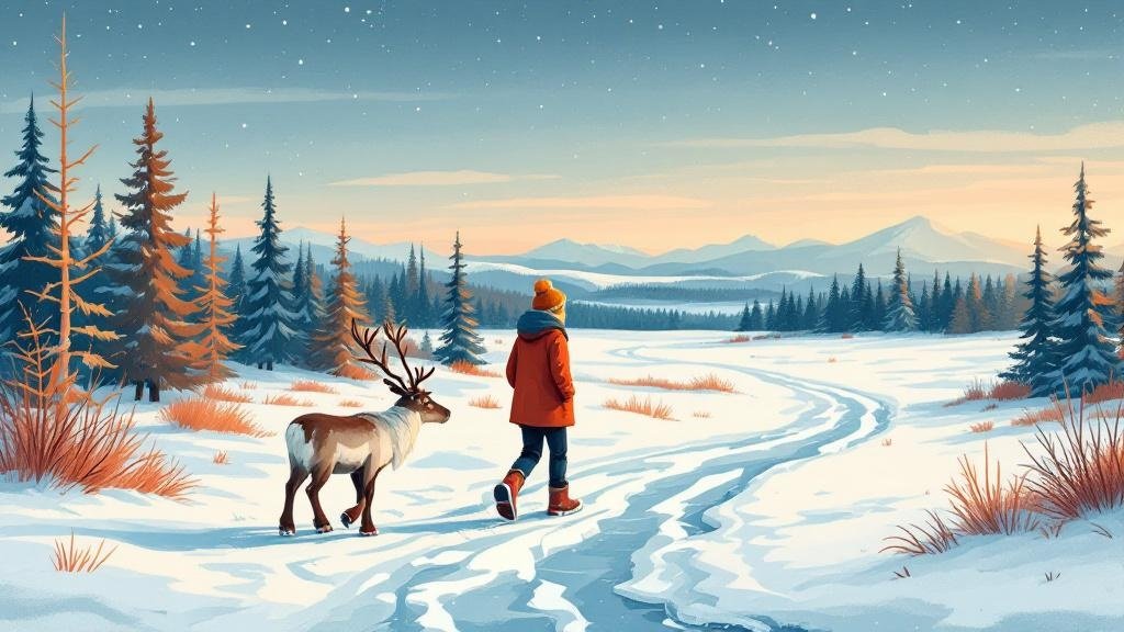 Illustrated safety: person confidently walking on icy path with ice grips, reindeer watching curiously, safe friendly vibe