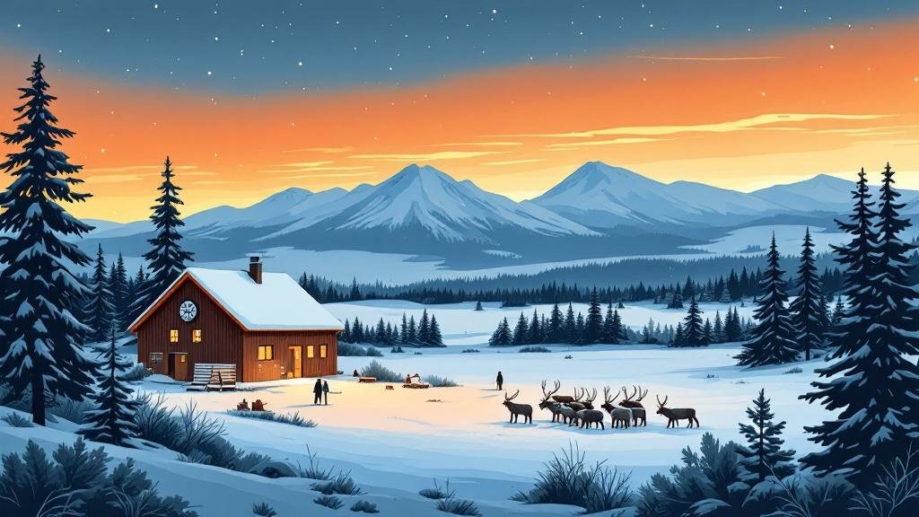 Illustrated respectful cultural scene: Siida museum exterior, Sámi Duodji handicraft, reindeer herd