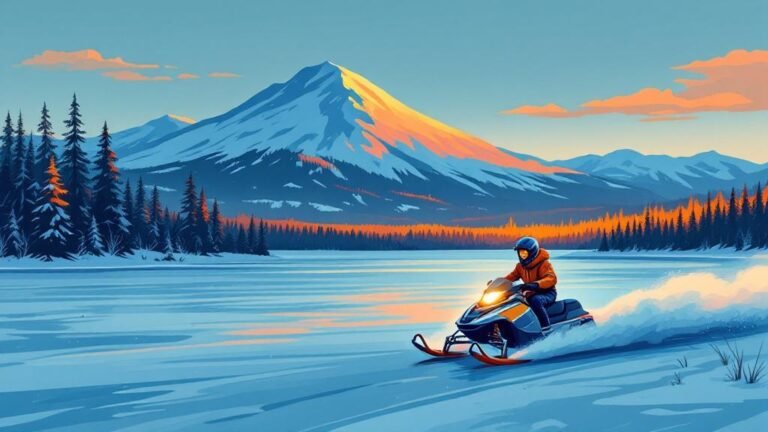 Illustrated snowmobile action: person driving across frozen lake, snow spray, fell backdrop, adrenaline energy