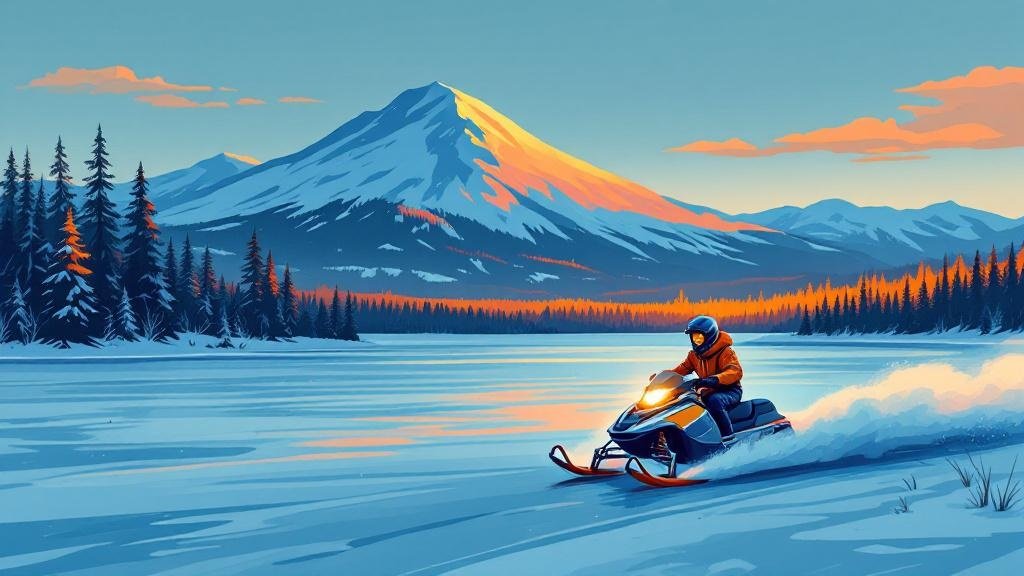 Illustrated snowmobile action: person driving across frozen lake, snow spray, fell backdrop, adrenaline energy
