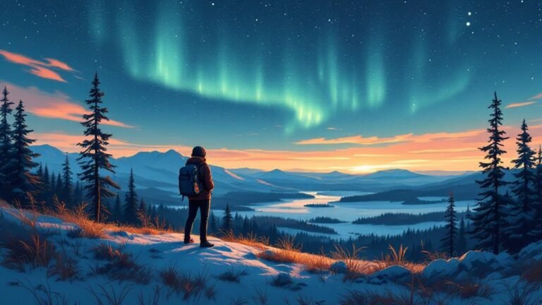 Illustrated solo traveler: confident person with backpack watching aurora alone on fell, peaceful not lonely