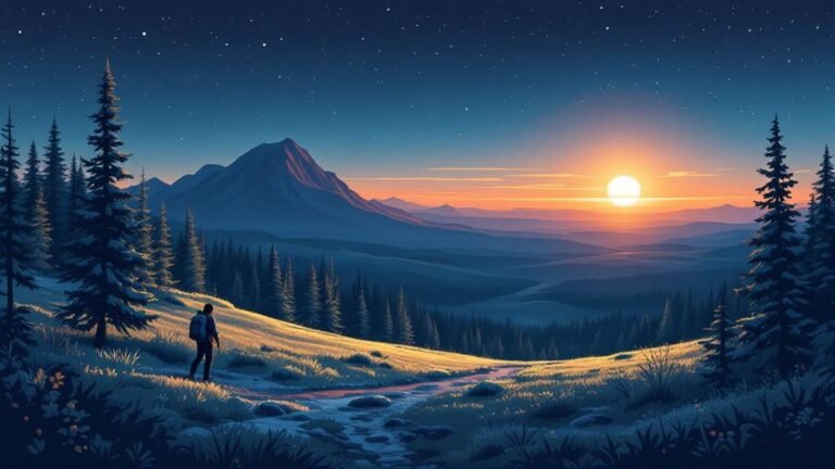 Illustrated midnight sun hike: hiker on fell trail at 11pm in golden light, vast green landscape, summer freedom