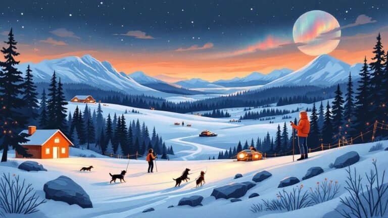 Illustrated activity collage: husky team, snowmobile, person in sauna, hiker on fell, aurora watcher