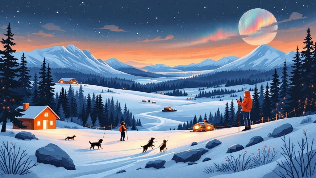 Illustrated activity collage: husky team, snowmobile, person in sauna, hiker on fell, aurora watcher