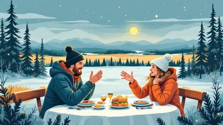 Illustrated humorous: confused tourist trying to leave tip while Finnish waiter waves it away, lighthearted cultural moment