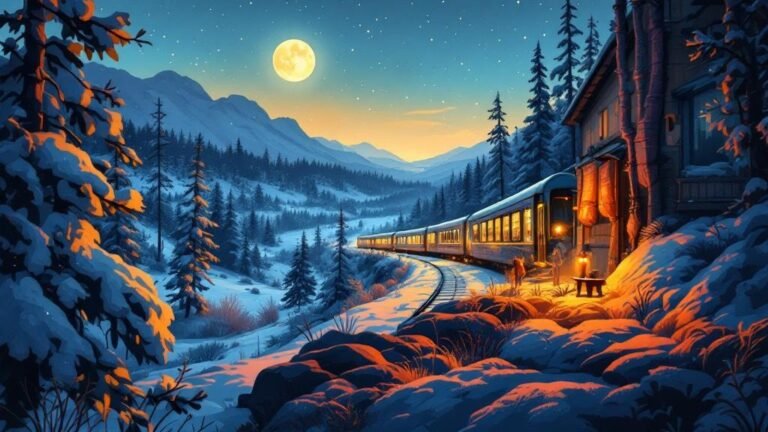 Illustrated cozy night train: warm cabin window view of snowy moonlit forest passing by, comfortable berth