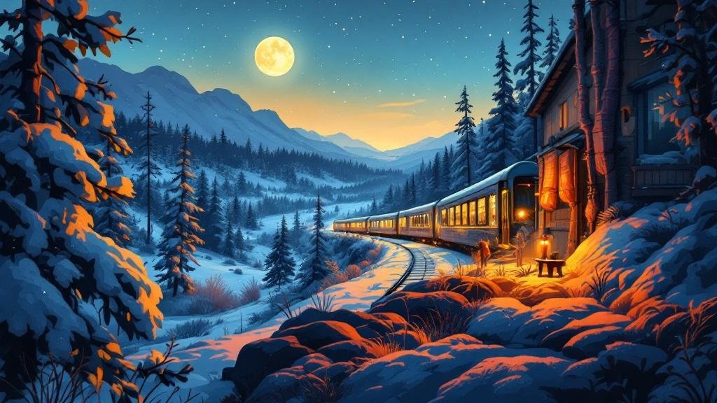 Illustrated cozy night train: warm cabin window view of snowy moonlit forest passing by, comfortable berth