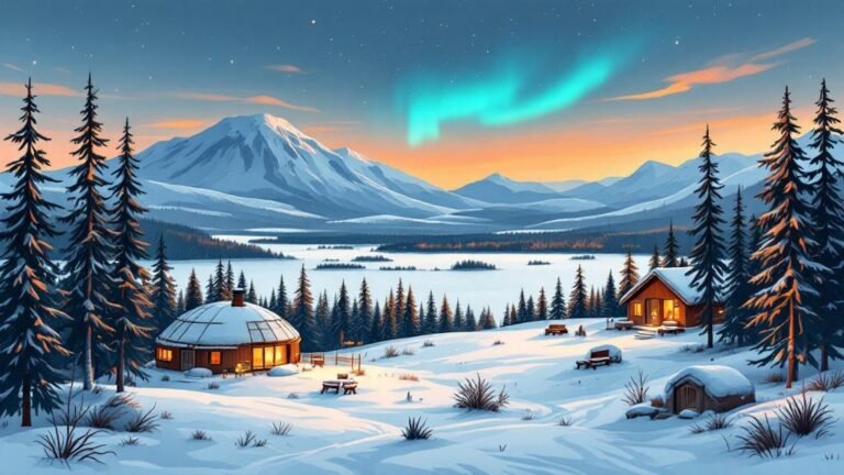 Illustrated unique stays collage: ice hotel room, treehouse in snowy forest, aurora dome, wilderness hut by frozen lake