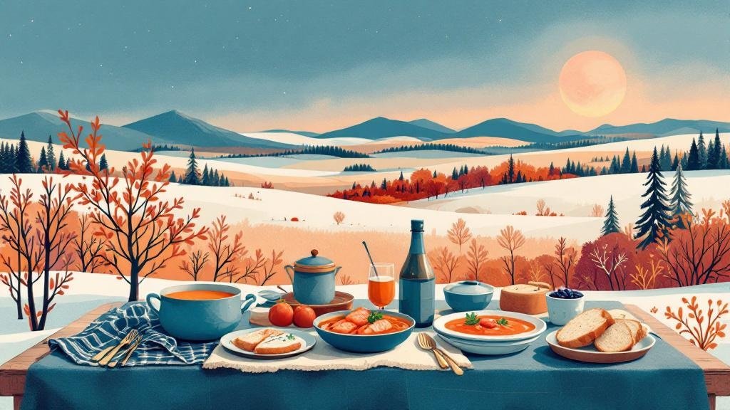 Illustrated food spread: reindeer stew, salmon soup, rye bread, cloudberry dessert, warm rustic Finnish table setting