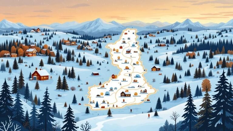 Illustrated map of Finnish Lapland with charming icons at each resort location, connected by paths with personality per area