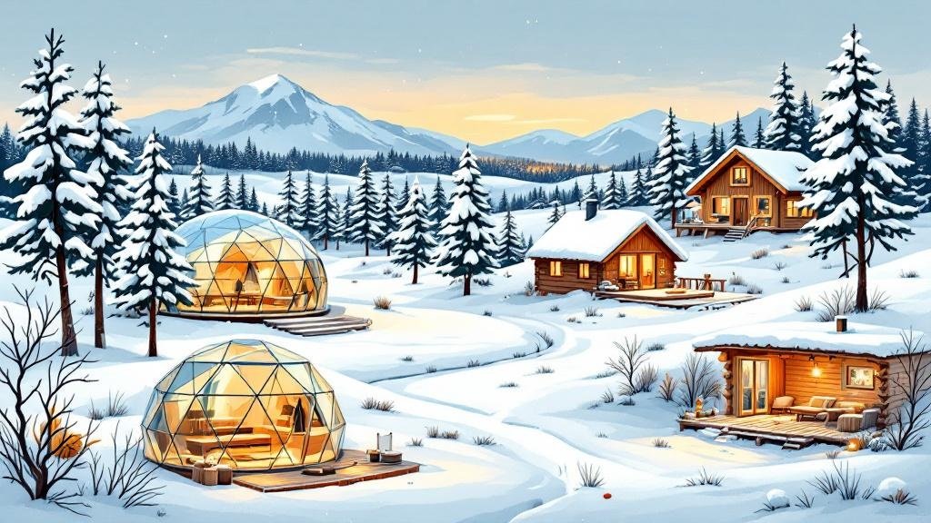 Illustrated accommodation collage: glass igloo, log cabin with sauna, cozy hotel room, all in snowy setting
