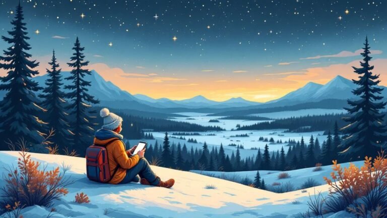 Illustrated connectivity: phone with full signal bars in snowy remote landscape, surprised happy traveler, Finnish tech pride